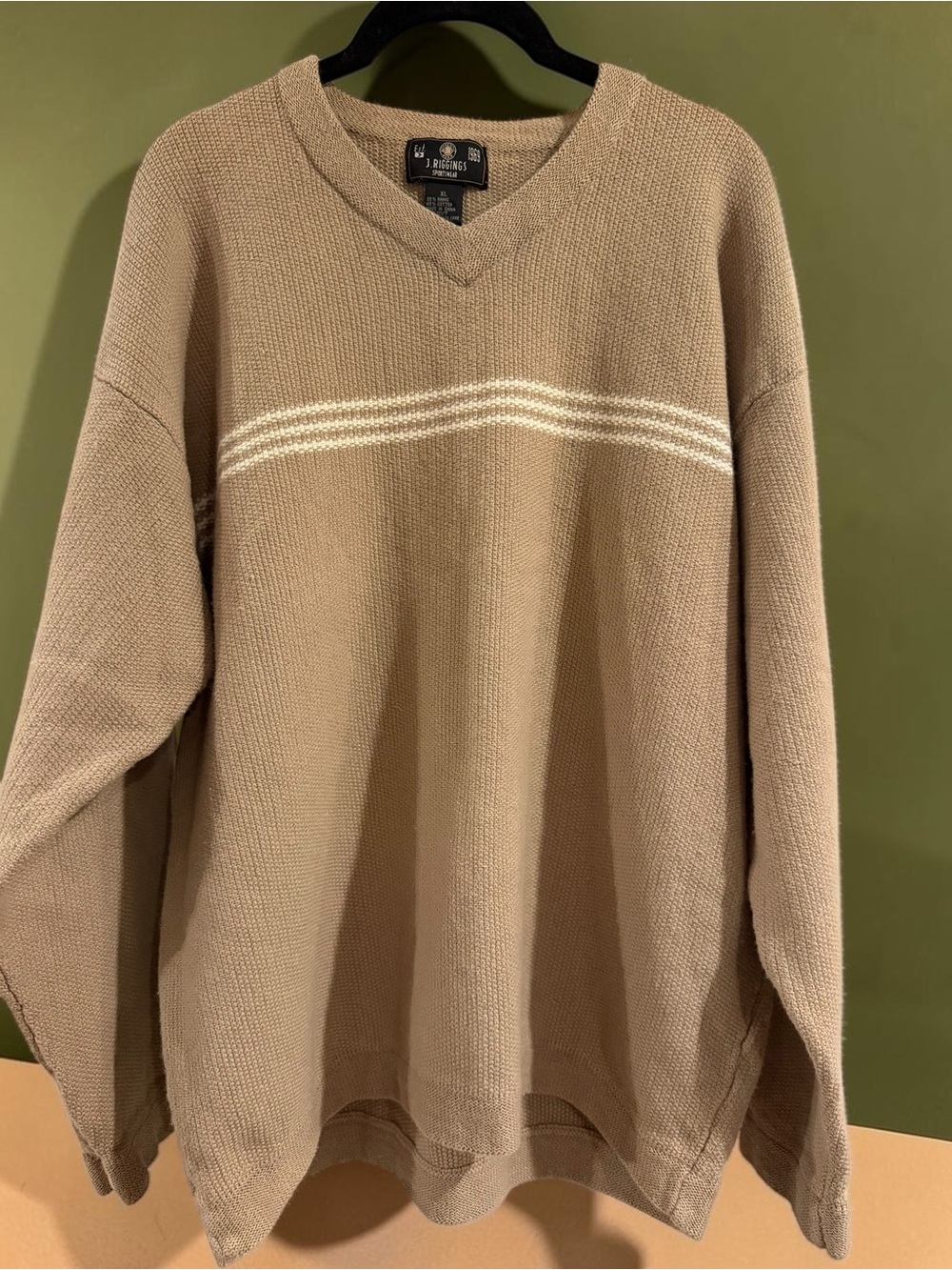J Riggings Sportswear V-Neck Sweater XL Tan Khaki Ramie Cotton Striped
